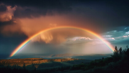 Obraz na płótnie Canvas A rainbow sunset over majestic mountain range generated by AI
