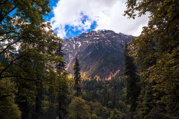 Landscape in the mountains. Scenic view of the Himalayas, an alpine meadow, peaks and alpine from...