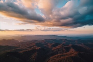 Fototapeta na wymiar Aerial sunset view over the Blue Ridge Mountains Sky with clouds Sky background-transformed