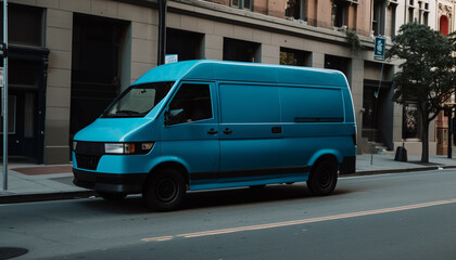 Blue semi truck delivering cargo containers at night generated by AI