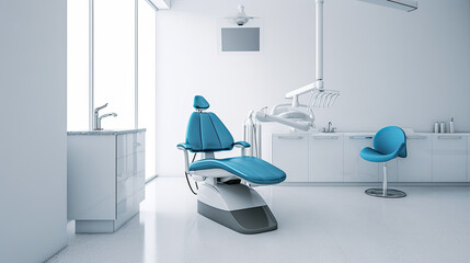 Modern Dental Clinic, Dentist chair and other accessories used by dentists in blue medical light. Dental surgeon, is a surgeon who specializes in dentistry and treatment of conditions of oral cavity.