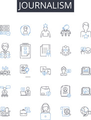 journalism line icons collection. News writing, Press coverage, Reportage style, Media reporting, News reporting, Prose writing, Feature writing vector and linear illustration. Reporting format,News