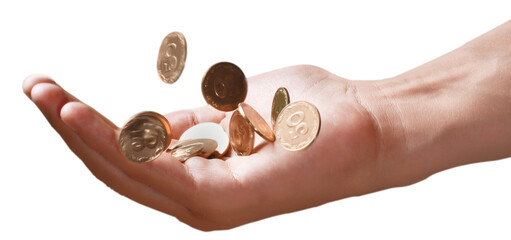 Person holding coins in their hand - isolated image