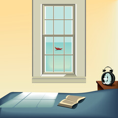 a nice bedroom interior with a bed, a book on it, small table with a retro clock and a window with a sea view and a boat, morning light in the room.