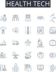 Health tech line icons collection. Medical technology, Digital health, Healthcare IT, Telehealth, eHealth, Health informatics, Health information technology vector and linear illustration. Medical
