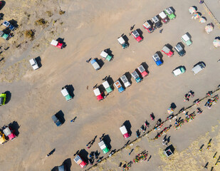 Aerial view of Jeeps vehicle that is used by tourists for activities in the Bromo Tengger Semeru National Park area. Mt. Bromo is a popular tourist destination in East Java, Indonesia.