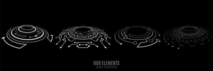 Set of HUD rounds on black background for your technology design. Sci-fi elements. GUI and UI. Vector illustration