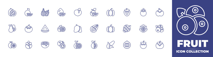 Fruit line icon collection. Editable stroke. Vector illustration. Containing passion fruit, orange, almond, lemon, peach, pumpkin, strawberry, mangosteen, persimmon, avocado, tomato, waterm, and more.