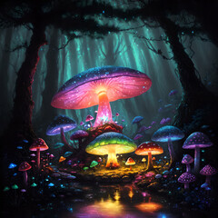An umbrella-shaped toadstool mushroom, radiating a mesmerizing bioluminescent light, stands in the middle of a mystical forest, Generative Al technology