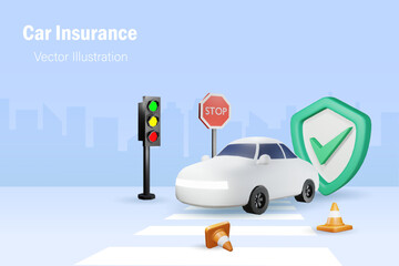 Car insurance. Car with protective shield on city street with traffic light and stop sign. Protection from accident and damage. 3D vector illustration.