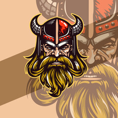 God Odin Viking with Helmet, Axes, Armor on the Red background. Hand-drawn illustration for mascot sport logo badge label sign poster emblem patch t-shirt printing. Vector Logo