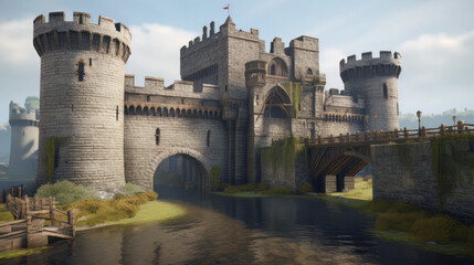 Fototapeta na wymiar A detailed scene of a medieval castle, surrounded by a moat and tall walls, with a drawbridge and a portcullis, a few guards patrolling the ramparts