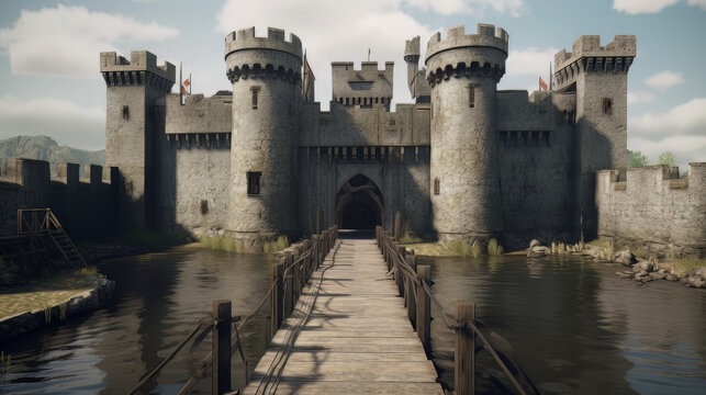 A detailed scene of a medieval castle, surrounded by a moat and tall walls, with a drawbridge and a portcullis, a few guards patrolling the ramparts