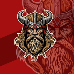 God Odin Viking with Helmet, Axes, Armor on the Red background. Hand-drawn illustration for mascot sport logo badge label sign poster emblem patch t-shirt printing. Vector Logo
