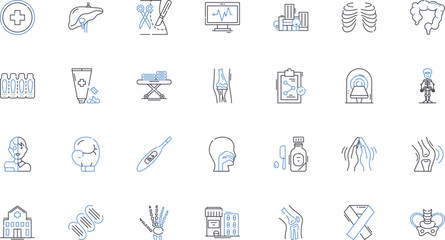 Fototapeta na wymiar Healthcare center line icons collection. Clinic, Hospital, Service, Treatment, Care, Patient, Staff vector and linear illustration. Equipment,Doctor,Nurse outline signs set