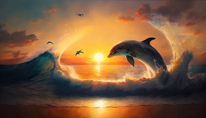 sunset in the sea. sunset at the beach and dolphins jumping out of the sea,  - obrazy, fototapety, plakaty
