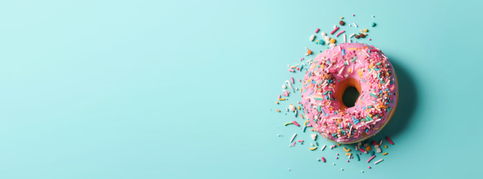 Delicious donut in pink icing and colored sprinkles on a bright blue background. Sweet desserts, holiday National Donut Day - Powered by Adobe