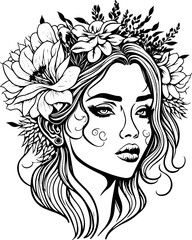 Abstract line art of a beautiful female with flowers in her hair, line drawing