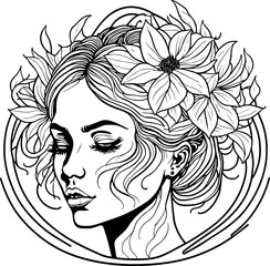 Abstract line art of a beautiful female with flowers in her hair, line drawing