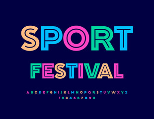 Vector bright poster Sport Festival. Modern Colorful font. Artistic Alphabet Letters and Numbers.