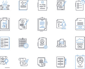 White papers line icons collection. Research, Analysis, Trends, Statistics, Insights, Findings, Solutions vector and linear illustration. Strategies,Innovation,Industry outline signs set