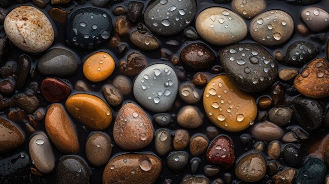 a lot of wet round pebbles. Background with round pebble stones. Stones beach smooth. Top view.  With Generative AI