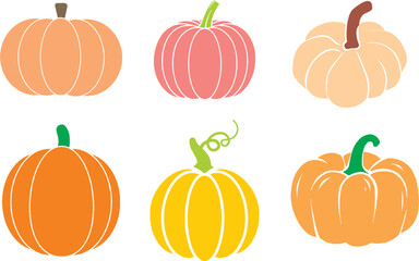 Silhouettes of colorful pumpkins. Pumpkin Autumnal outline. Halloween or thanksgiving illustration. Editable vector, Symbolic and seasonal shapes for party. eps 10.