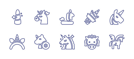 Unicorn line icon set. Editable stroke. Vector illustration. Containing unicorn, ice cream, headband.