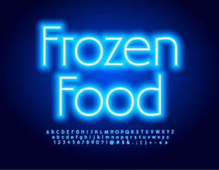 Vector glowing poster Frozen Food. Blue Neon Font. Set of electric Alphabet Letters and Numbers