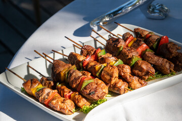 Meat skewers on a plate from a luxury safari camp in South Africa. 