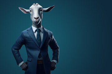 aanthropomorphism goat in a stylish blue business suit on blue background, an animal entrepreneur, business concept. copy space. generative ai