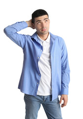 Thoughtful young man on white background
