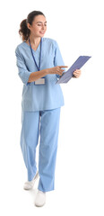 Female medical assistant with clipboard on white background