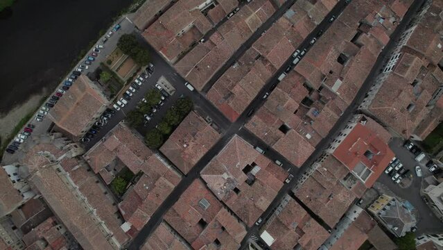 Village rooftops in the South of France. Aerial birds eye view drone shot