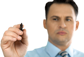 Portrait of happy businessmanwith pen  on background