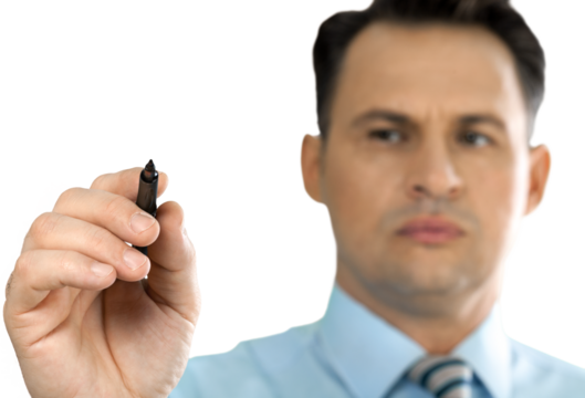 Portrait of happy businessmanwith pen  on background