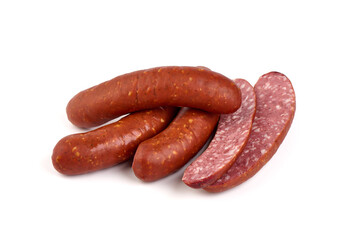 Pork bratwurst sausages, isolated on white background.