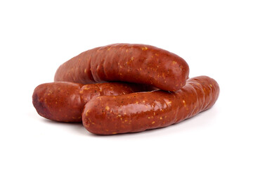 Smoked german sausages, isolated on white background.