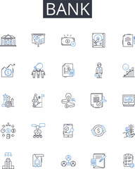 Bank line icons collection. Financial institution, My lender, Credit union, Savings and loan, Thrift bank, Investment company, Brokerage firm vector and linear illustration. Trust company,Building