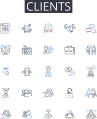 Clients line icons collection. Customers, Patrons, Buyers, Consumers, Visitors, Guests, Shoppers vector and linear illustration. Takers,End-users,Attendees outline signs set