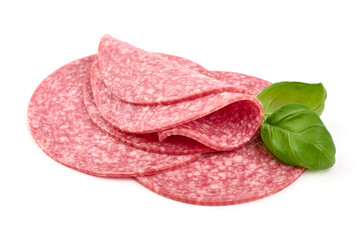 French Salami sausage slices, isolated on white background. High resolution image.
