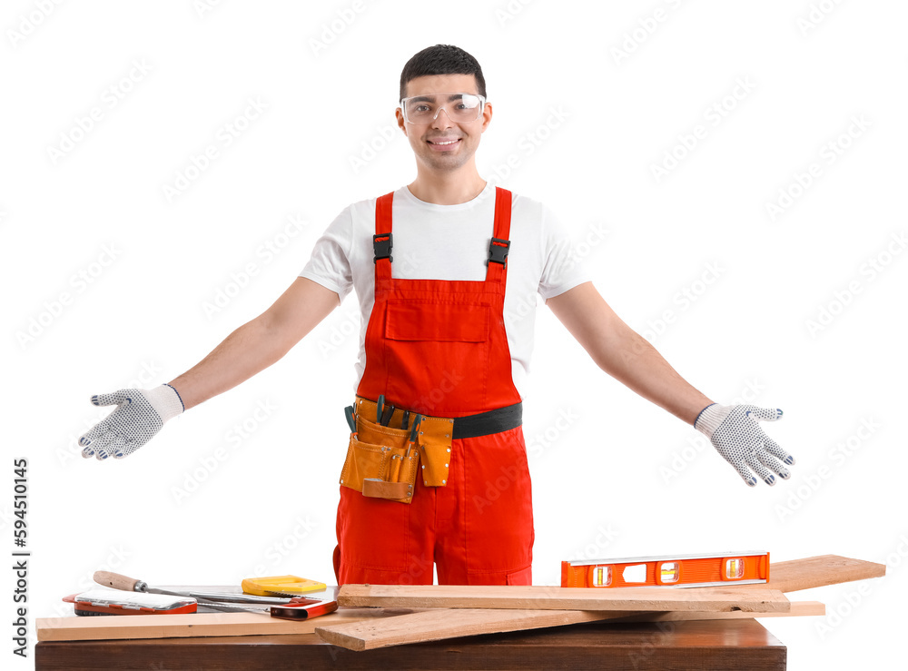 Sticker Young carpenter and table with tools on white background