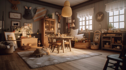 a cozy rustic playroom, generative ai