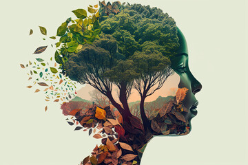 Double exposure woman profile and nature mental health earth day illustration generative ai	