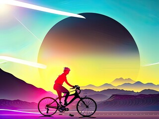 Obraz premium silhouette of cyclist riding a road bike at sunset. Generative Ai