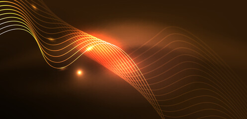 Shiny glowing neon wave. Neon light or laser show, electric impulse, power lines, techno quantum energy impulse, magic glowing dynamic lines