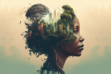 Double exposure woman profile and nature mental health earth day illustration generative ai	