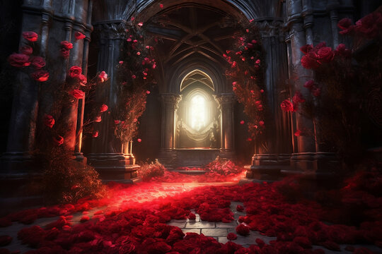 beautiful abandoned ruins covered with red roses