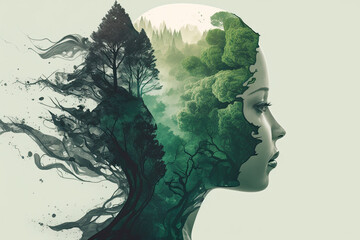 Double exposure woman profile and nature mental health earth day illustration generative ai	