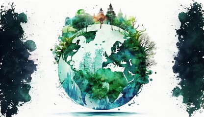 Earth Day tree on the green earth background, Generative AI